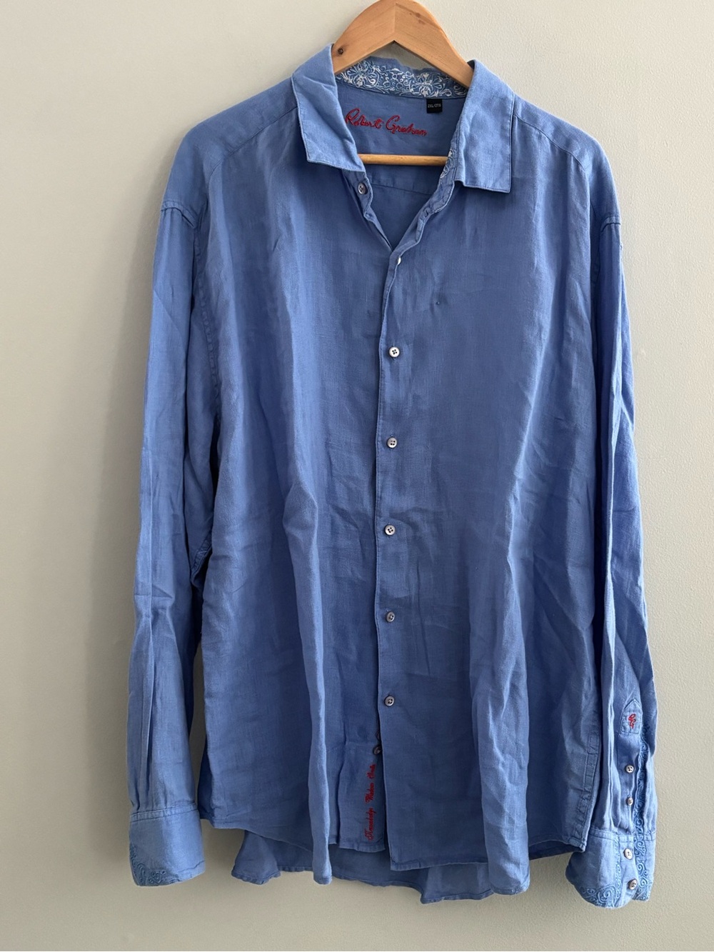 Robert Graham 100% Linen Embroidered Collar Band Flip Cuff Shirt 2XL Blue Luxe